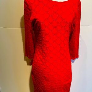 Red Lace Knee Length Dress with 3/4 Sleeves